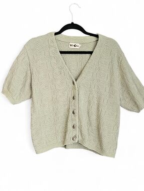 Vintage Winona Knits Sage Green 100% Cotton Short Sleeve Cardigan - L